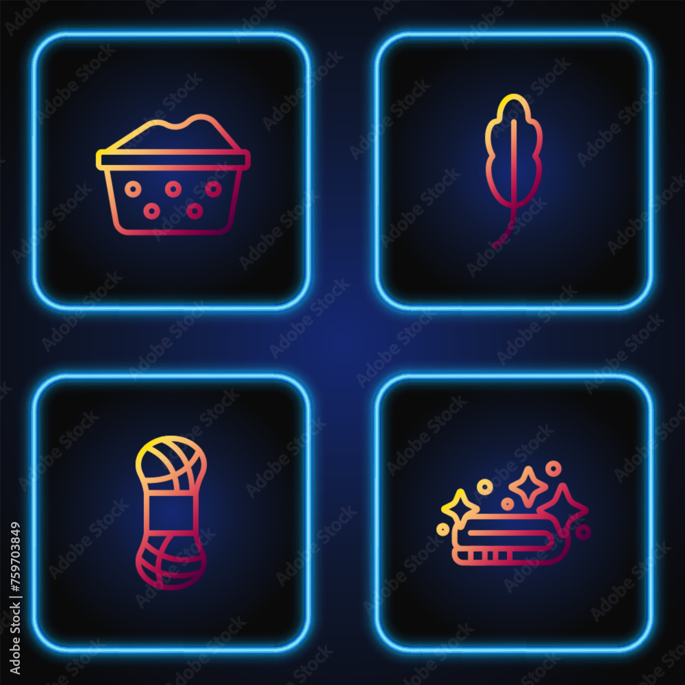 Aufkleber set line towel stack, yarn, basin with soap suds and feather. gradient color icons. vector