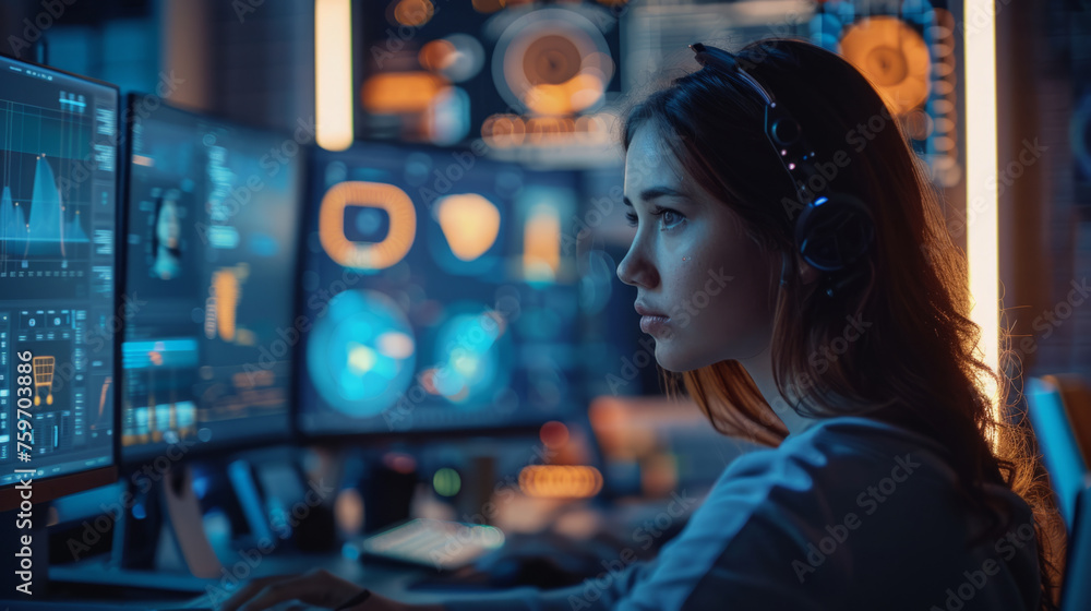 Poster focused woman wearing headphones working on multiple computer screens with data and graphs in a dark