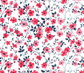 Retro floral pattern in small pink and red flowers on a white background, perfect for fashion prints and fabric design.