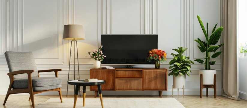 Modern living room setup with TV stand, armchair, lamp, table, flower, and plant