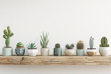 different cacti in simple colored pots stand on wooden shelf, the wall is white; wall with empty space - obrazy, fototapety, plakaty