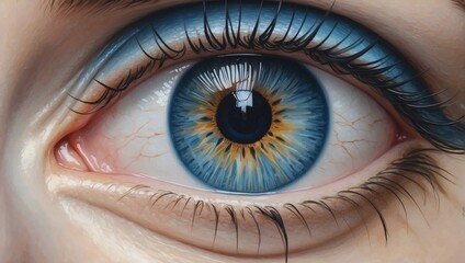 Close-up blue eye of a woman drawn with oil paint, very clear and detailed