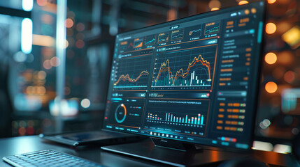 An advanced trading workstation with multiple computer screens displaying intricate financial charts, graphs, and market data in a dark, high-tech office environment. - obrazy, fototapety, plakaty
