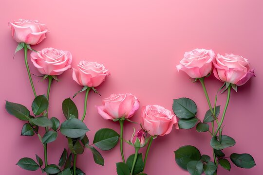  pink roses frame on pink  background, greeting card, top view, copy space for text 