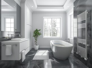 Fototapeta na wymiar bathroom with gray walls, large window and white washbasin. modern style