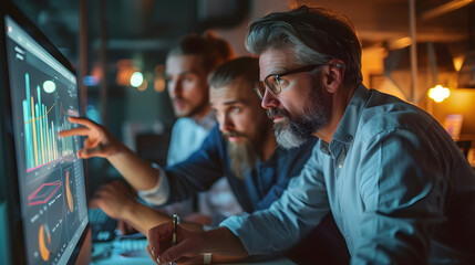 Obraz premium Male executive businessman showing important data on computer screen to his colleague while they are gathered around desk in the office