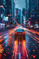 An autonomous car navigating through a bustling city street illuminated by neon lights and digital overlays highlighting modern technology in urban transportation.