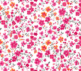 Retro floral pattern with small pink and red flowers on a white background. Elegant template for fashion prints and textile design.