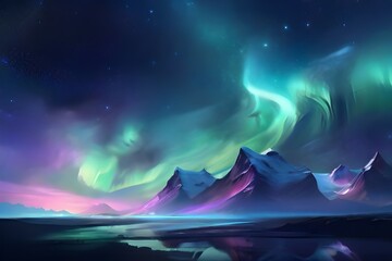 Beautiful Sky with Aurora and Stars. Blue Northern Lights Wallpaper with copy-space. Generative AI