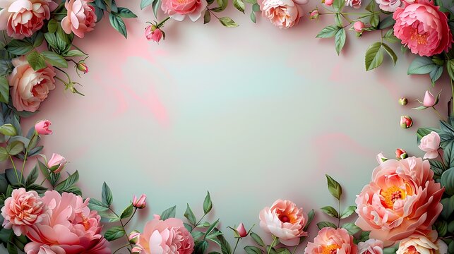 Sweet background of photorealistic realistic rose peonies aranged as a frame with blank white space inside frame, in the style of symmetrical framing