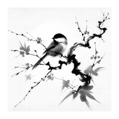 Black and white Drawing Of Abstract Bird sitting on the branch In Black Ink And Watercolor, in Chinese Ink Art Style. 