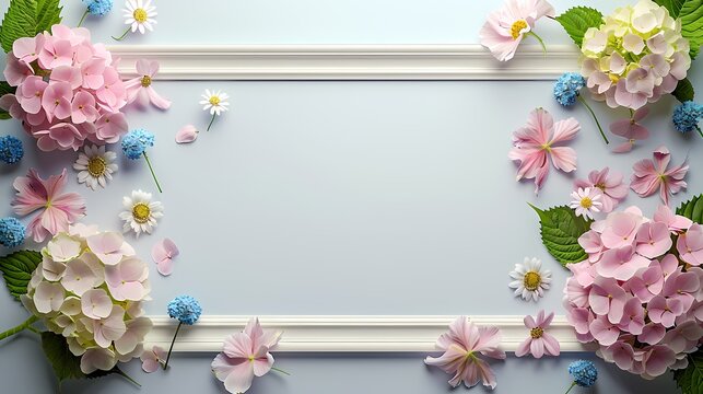 Blank space frame with hydrangea daisy flowers for mockup design, high quality , high resolution, shadow effect, white plain background