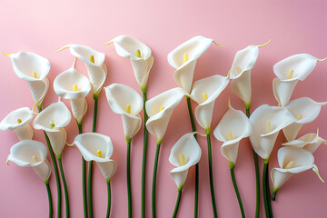 composition of white calla lilies flowers on pink background top view, beautiful floral template