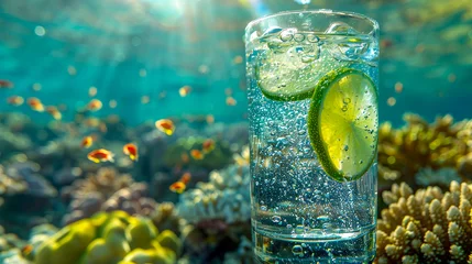 Foto op Plexiglas Sparkling water pouring into a glass, with slices of lime, set against a vibrant coral reef underwater scene © weerasak