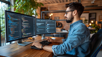 Male tester coding on desktop computer with two monitors set up in creative office