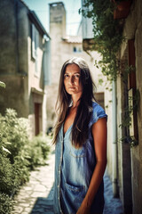 Fototapeta premium Portrait of a young woman in blue denim dress standing on the old town street.