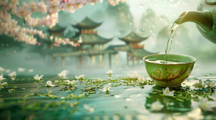 Green tea pouring into a cup, creating a serene S shape, with loose tea leaves scattered, against ancient Asian architecture - obrazy, fototapety, plakaty