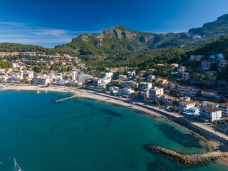 Fototapeta na wymiar The aerial view of Port de Soller, located in Mallorca, Spain