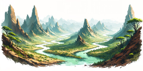 A mountain landscape featuring a river flowing through it. The river is winding its way through the mountains, creating a picturesque and serene scene.