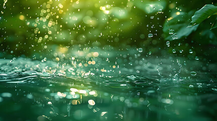 An abstract blurred transparent green colored clear calm water surface texture with splashing, bubbles. Shining green ripples on a swimming pool surface. Coastal green water texture. - obrazy, fototapety, plakaty