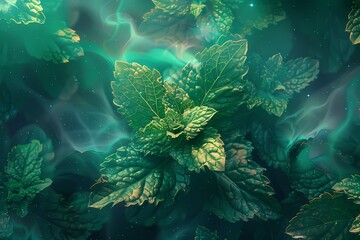 Mint leaves with green  colors blending one into other universe  - obrazy, fototapety, plakaty