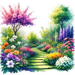 A beautiful garden scene, featuring a colorful and lush green path that leads to a colorful and lush tree. The garden is filled with flowers of different colors, creating a picturesque atmosphere.