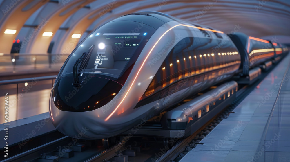 Poster sleek futuristic train speeding through a modern station with smooth lines and a high-tech design.