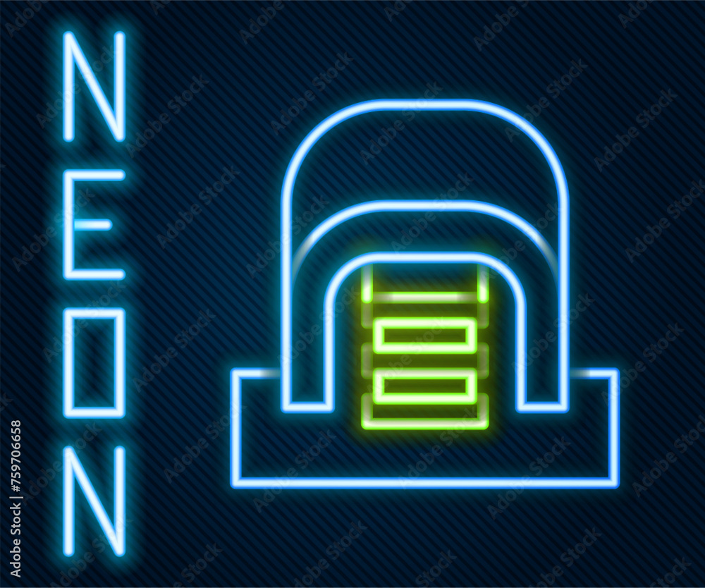 Poster glowing neon line hangar with servers icon isolated on black background. server, data, web hosting. 