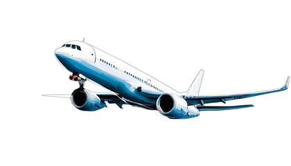 Commercial jetliner depicted with landing gear down, in a sky-blue and white color scheme, perfect for use in transport and tourism themes, against a transparent backdrop.