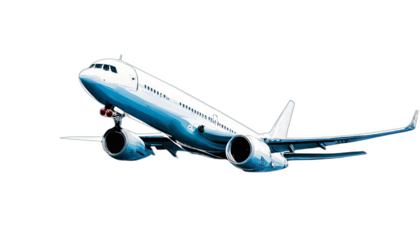 Commercial jetliner depicted with landing gear down, in a sky-blue and white color scheme, perfect for use in transport and tourism themes, against a transparent backdrop.