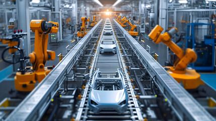 Mass production assembly line of electric car battery cells in a busy