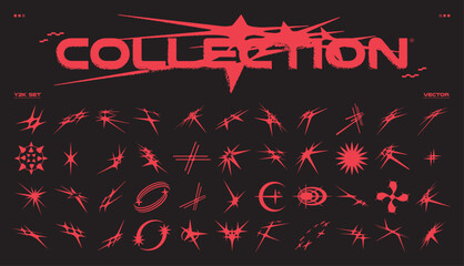 Collection Y2K graphic. Deformed perspective star in brutalist style, sharp and thorny gothic elements, universal shapes for design. Vector set
