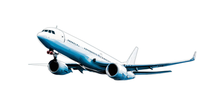 Commercial jetliner depicted with landing gear down, in a sky-blue and white color scheme, perfect for use in transport and tourism themes, against a transparent backdrop.