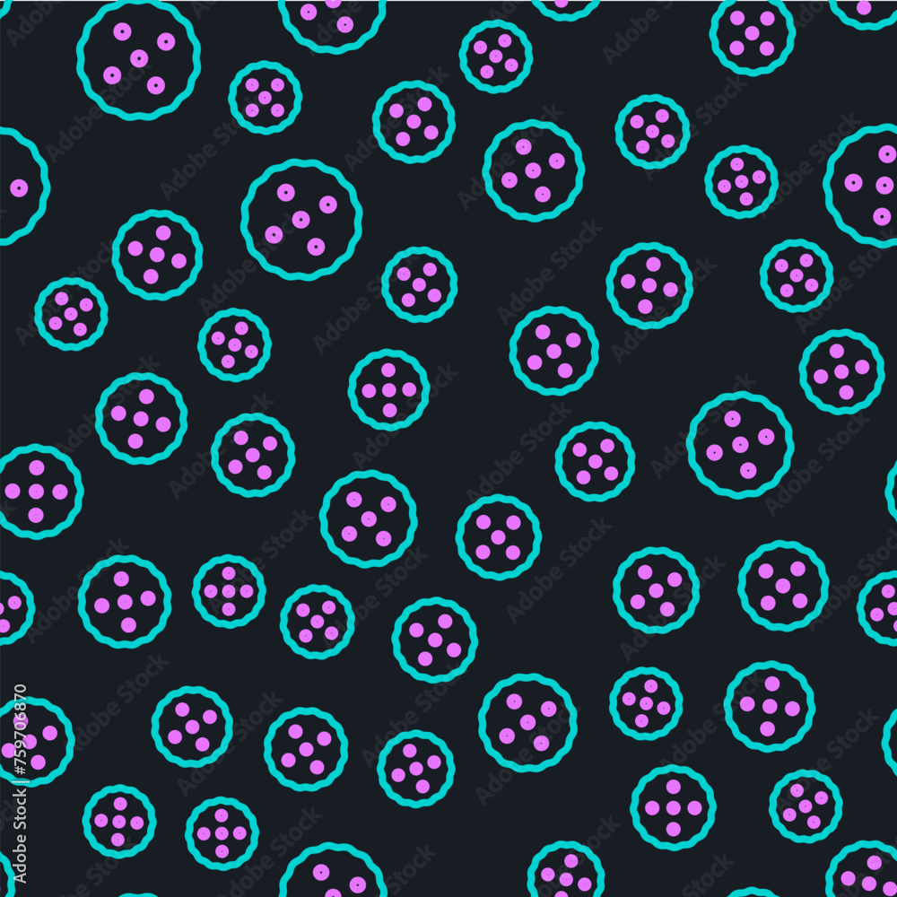 Poster line cookie or biscuit with chocolate icon isolated seamless pattern on black background. vector