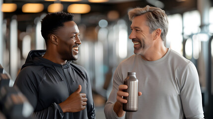 Mature sporty diverse guys laughing together after training in the gym. Cheerful middle aged caucasian man holding protein shake bottle and talking with his African friend in health club hall - Powered by Adobe