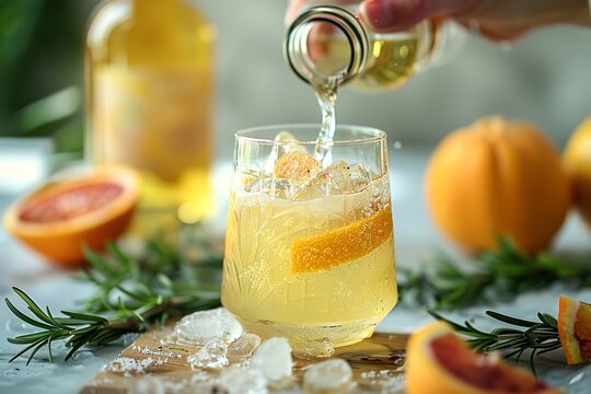 Slices of orange dripping from a bottle into an iced-cold orange spritz drink glass isolated against an orange backdrop with space a summer refreshment, Generative AI.