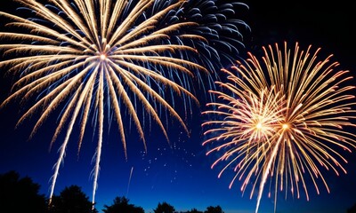 Explosive patterns of fireworks paint the dark blue sky, mirroring the stars in a dance of light and celebration. This stunning scene embodies the spirit of festive joy.