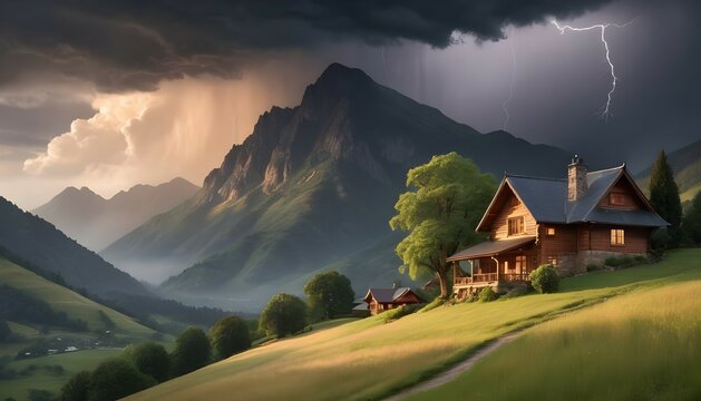 Create an evocative image capturing the grandeur of towering mountains, a tranquil hill crowned with a sprawling tree, and a quaint wooden cottage bathed in the soft glow of evening light, as storm cl