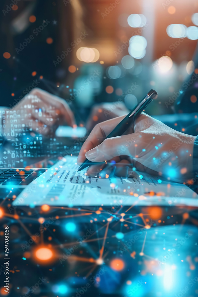 Poster close-up view of hands typing on a laptop keyboard, with a foreground focus on one hand holding a pe
