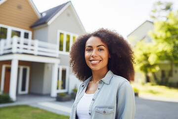 Afro American woman standing outside house, real estate broker or buying new house concept