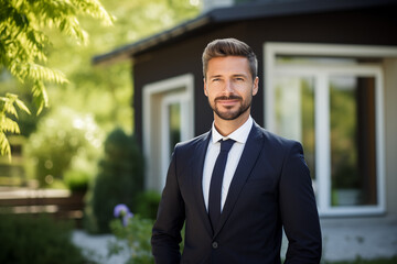 Portrait of a businessman in front of a house, real estate broker standing outside house concept, man buying new house