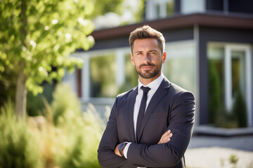 Portrait of a businessman in front of new modern house, real estate broker standing outside house, buying new house  or luxury life concept