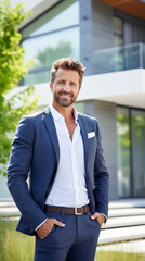 Portrait of a businessman in front of new modern house, real estate broker standing outside house  or luxury life concept