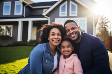 happy Afro American family in front of house, real estate new house concept, people standing outside house
