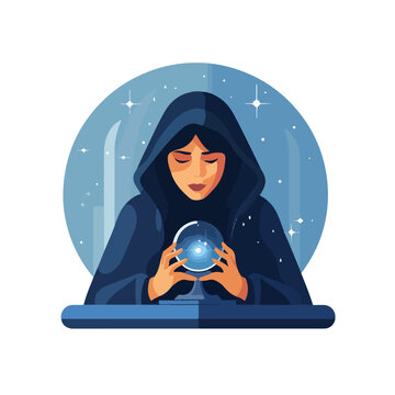 Fortune teller watching crystal ball. flat vector i