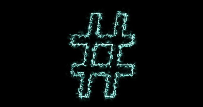 Neon font Hashtag # Symbol uppercase with Saber light. Animated neon character symbol on black background. hash sign of famous media content, social media marketing and blog promotion, - 4k Alpha