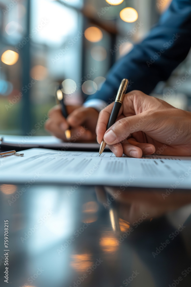 Aufkleber close-up of a person's hands signing a document on a desk with a blurred background illustrating an 