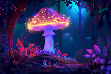Illustration of a glowing mushroom in the style of a fantasy world with neon lights.