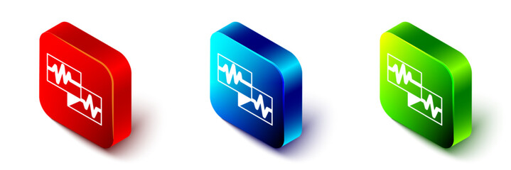 Isometric Computer monitor with cardiogram icon isolated on white background. Monitoring icon. ECG monitor with heart beat hand drawn. Red, blue and green square button. Vector