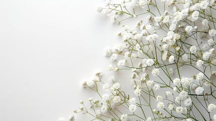 Small bouquet of Gypsophila flowers at the top view and isolated on a white background with text space left empty, Generative AI.